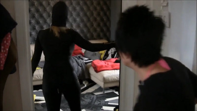 Catsuit Burglar Captured - Stuffed Gag & Tape Bondage