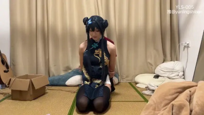 Bondage Bliss: Red Cape, Blue Dress, Guitar Seduction