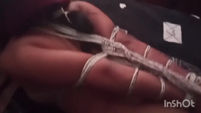 Amelia naked hogtied on the bed