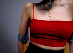 Red ballgag and leather pants