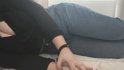 Bound girl desperately wets her jeans in bed