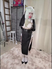 Bound Beauty: White Hair, Black Dress, White Stockings