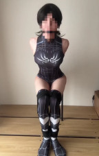 Tied and ballgagged in spider outfit