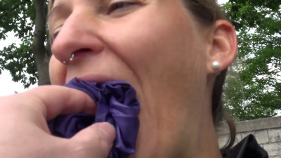 Sandra bound and gagged outdoor