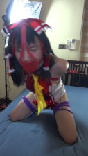 Reimu in swimsuit, armbinder, straitjacket, harness gag