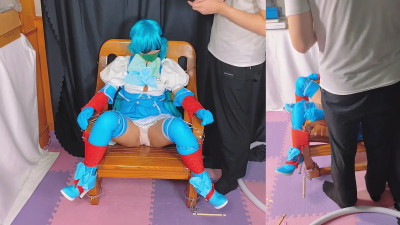 Vibrant Bondage Play: Blue Wig & White Dress Seduction