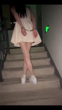 The girl can't climb the stairs because of an orgasm.