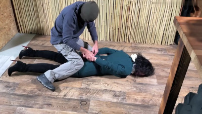 Simona get hogtied onscreen with her thigh high boots!