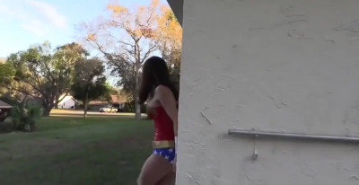 Hannah as WW tied up in old house, by blue hair girl